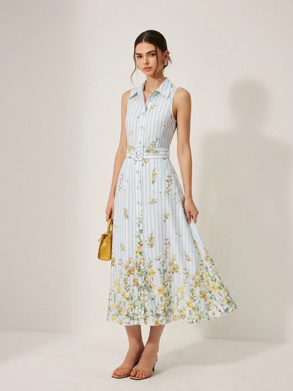 Floral Striped Sleeveless Belted Midi Dress - Picture 3 of 6